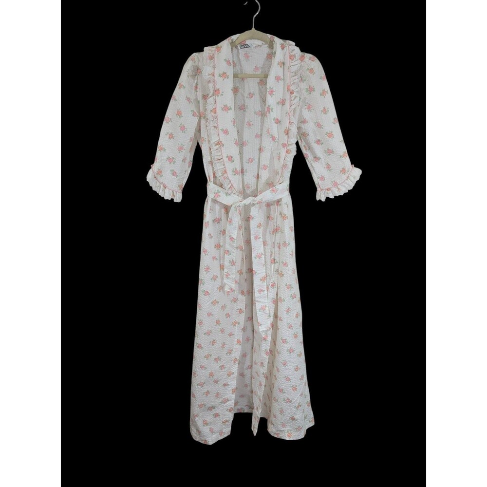 Vintage Miss Elaine Seersucker Robe Floral Ruffles Bows 3/4 Sleeve Union Made S - Picture 1 of 9